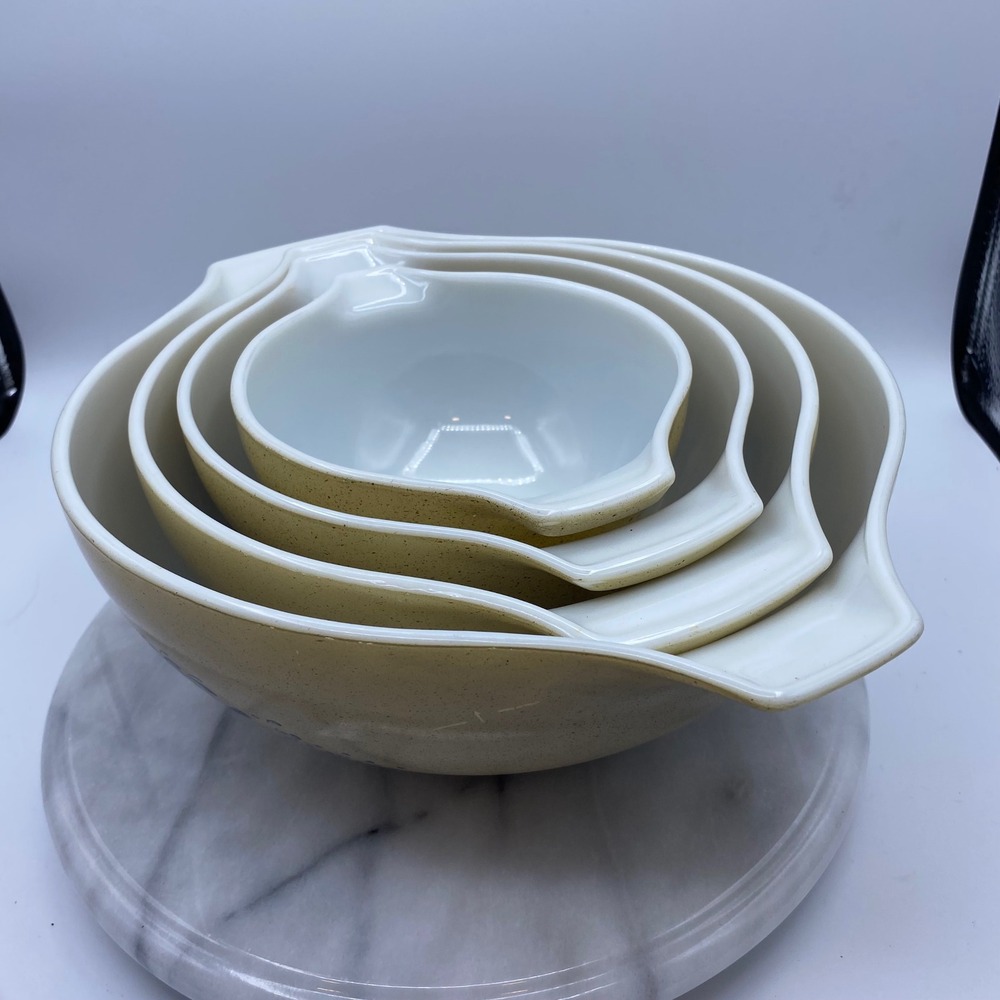 Pyrex Vintage Cinderella Nesting Mixing Bowl Set Blue Onion Speckled Tan 4pc - Picture 5 of 11